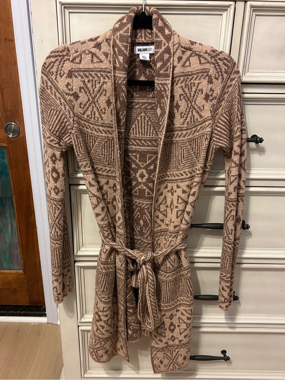 William rast Aztec print tan and brown sweater caridigan with tie